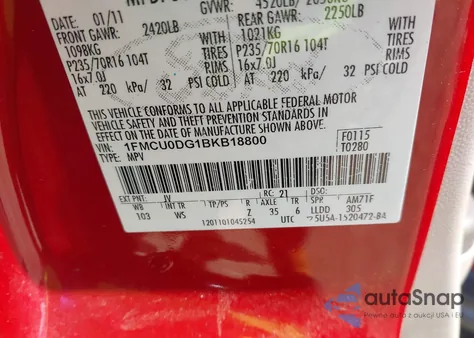 2011 Ford Escape Xlt из США, поврежденный, VIN 1FMCU0DG1BKB18800